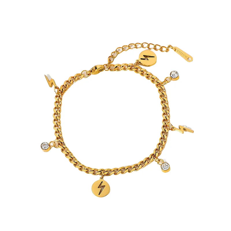 Pvd Gold Plating Lightning Pendant Steel Curb Chain Bracelet