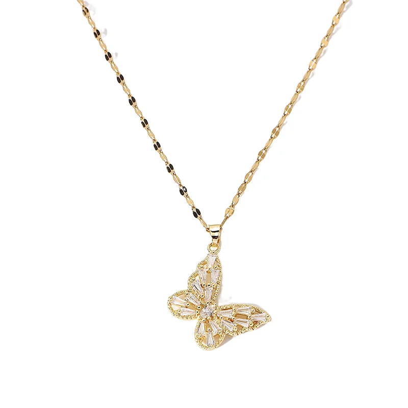 Butterfly Zirconia Pendant Stainless Steel Women Necklace