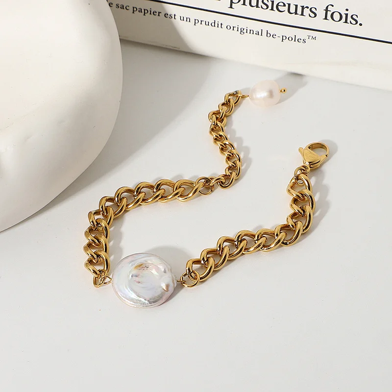 Retro Baroque Freshwater Pearl Bracelet Cuban Chain Bracelet
