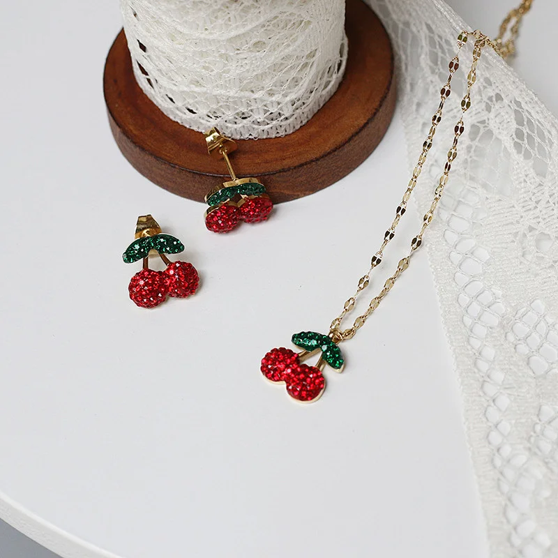 Stainless Steel Crystal Cherry Earrings And Necklace Set