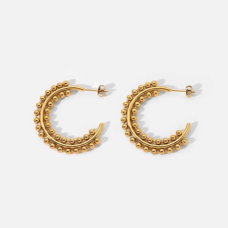 Fashion 18K Gold Steel Ball C Shape Stud Earrings