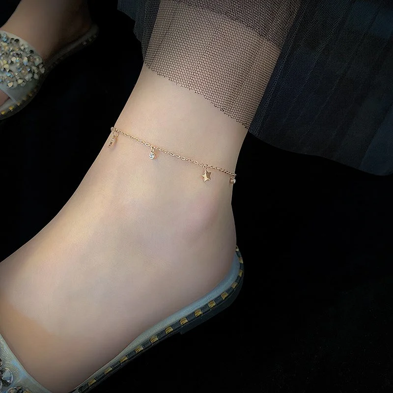 Rose Gold Moon Star And Crystal Drop Anklet Bracelet