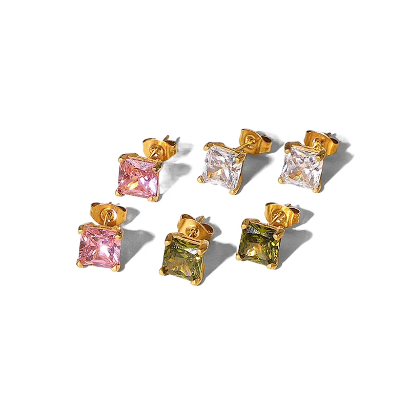 Simple 18K Green Square Zircon Stud Earrings for Women