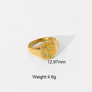Gold Engraved Star Moon Stainless Steel Metal Ring