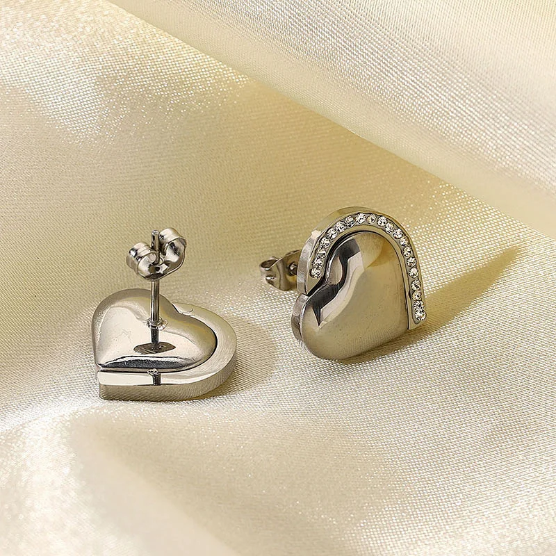 Simple Titanium Steel Stud Earrings Heart Zircon Earring