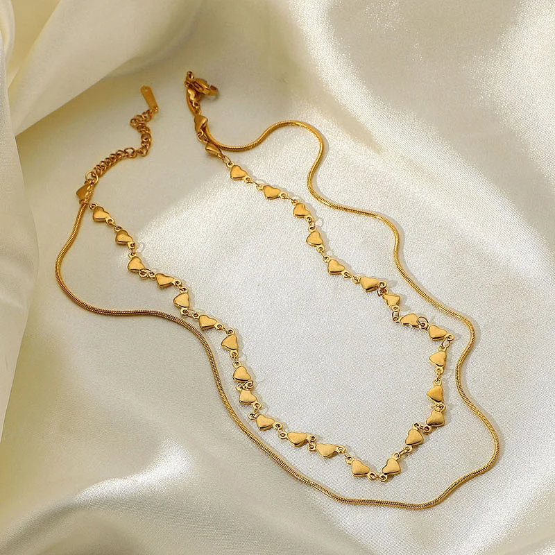 Layered Heart Chain And Flat Snake Chain Steel Necklace