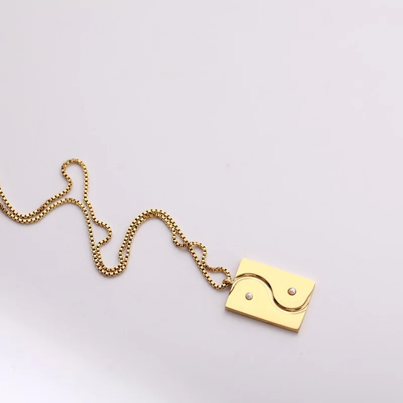 simple Stainless steel rectangle Yin and Yang charm necklace