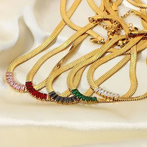 Stainless Steel Multicolor Rectangular Zircon Women Necklace
