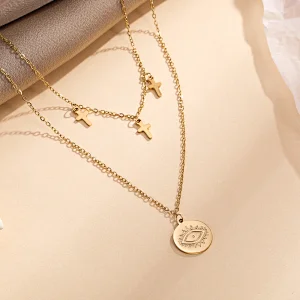 Eyes And Cross Layered Gold Color Stainless Steel Necklace