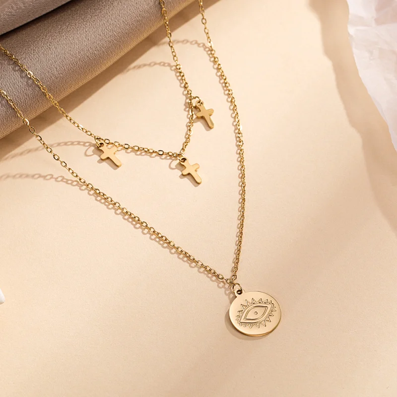 Eyes And Cross Layered Gold Color Stainless Steel Necklace