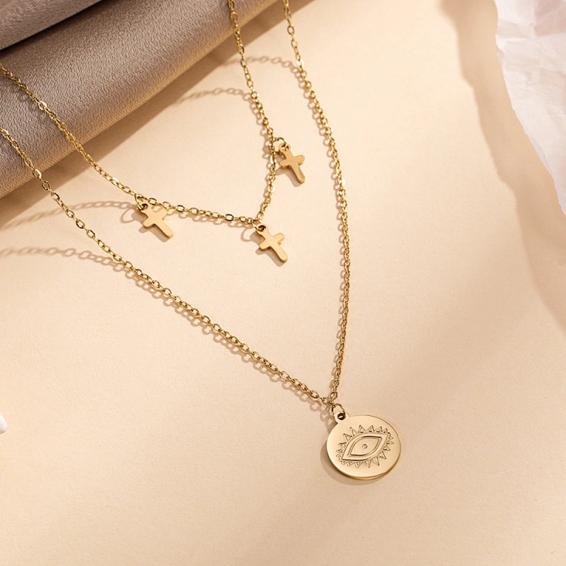 Eyes And Cross Layered Gold Color Stainless Steel Necklace