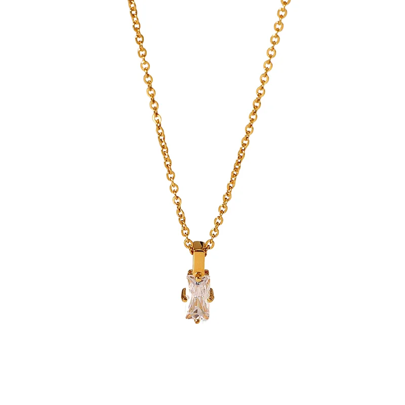 Stainless Steel Rectangular White Zircon Pendant Necklace