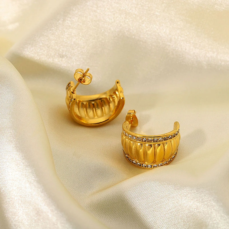 Stainless Steel Rhinestone Half Round Shape Earrings