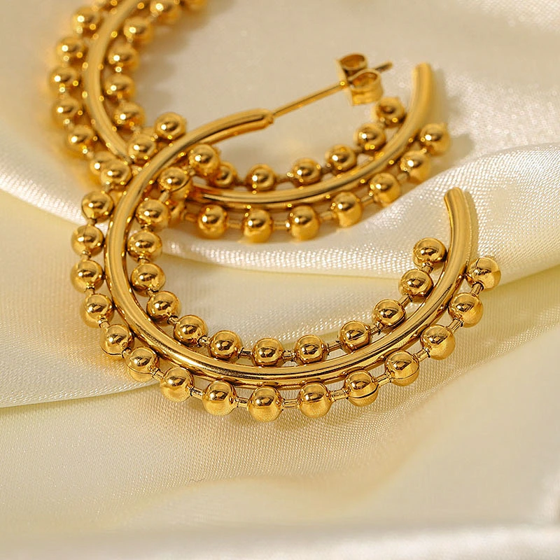 Fashion 18K Gold Steel Ball C Shape Stud Earrings