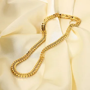 18K Gold Plated Women Steel Chain With Full Diamond Necklace
