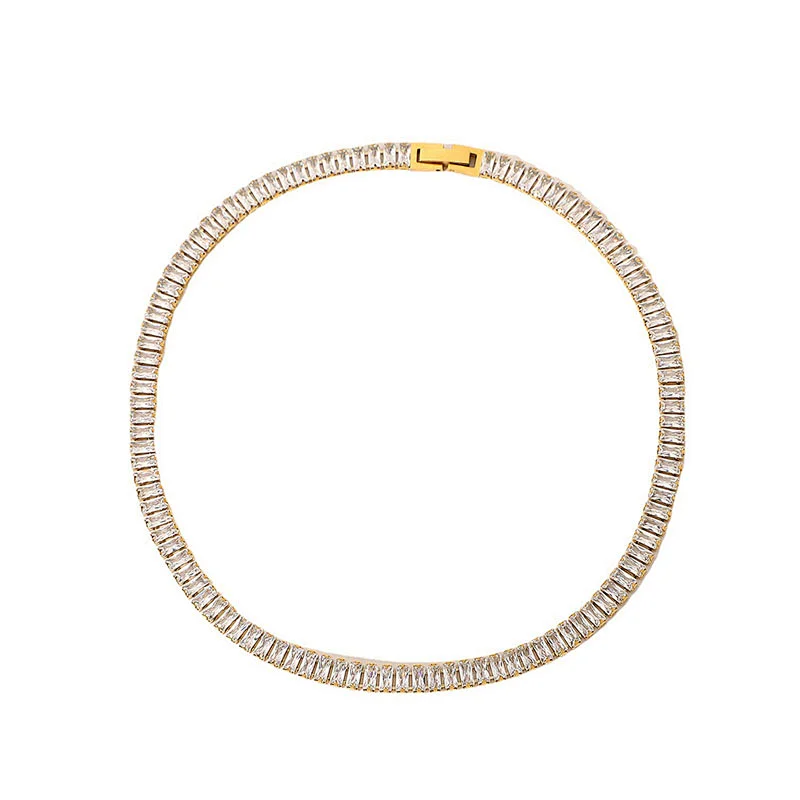 18K Gold Plated Women Steel Chain With Full Diamond Necklace