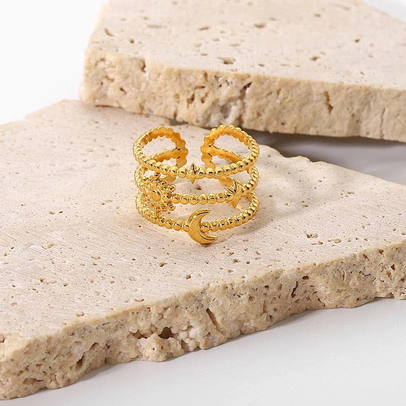 Three-Tier Star And Moon 18K Gold Plated Steel Ring