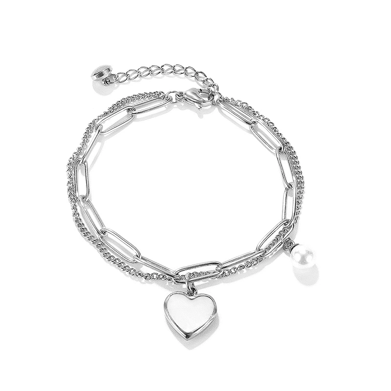 Double Layer Patchwork Chain Heart-Shaped Shell Bracelet