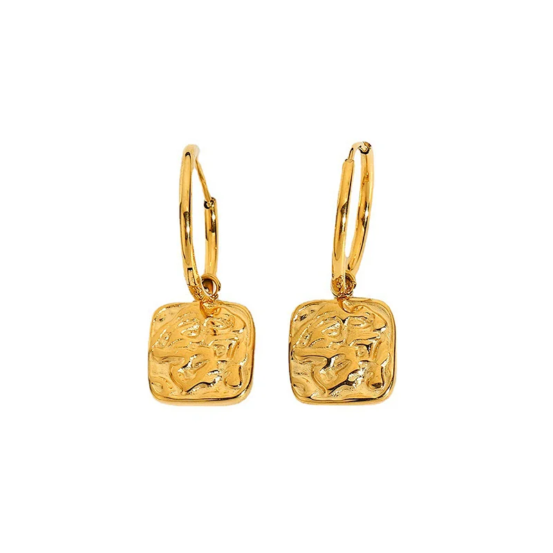 18K Gold Plated Earrings Rectangular Embossed Drop Earrings