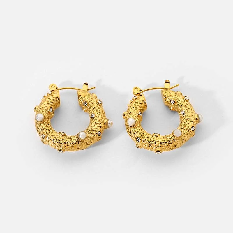 Gold Plated Earrings Pearl Zircon Stainless Steel Earrings