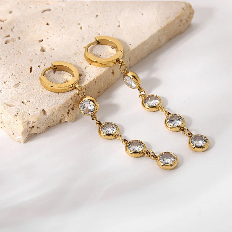 Gold Plated Steel Round Zircon Tassel Pendant Earrings
