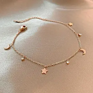 Rose Gold Moon Star And Crystal Drop Anklet Bracelet