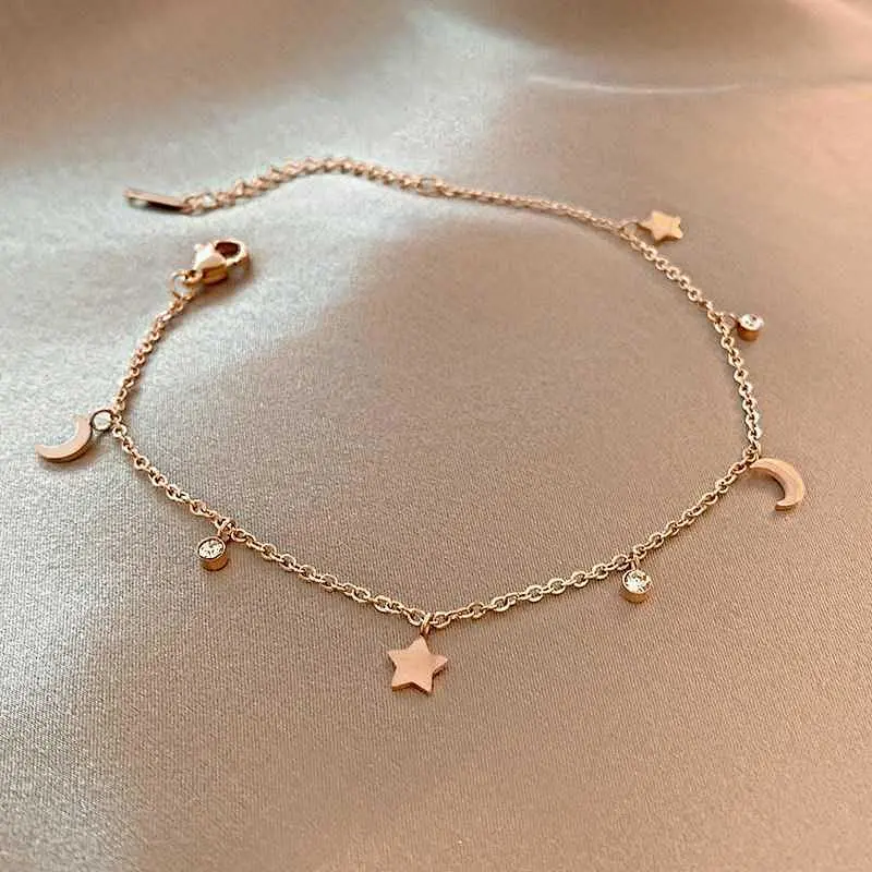 Rose Gold Moon Star And Crystal Drop Anklet Bracelet