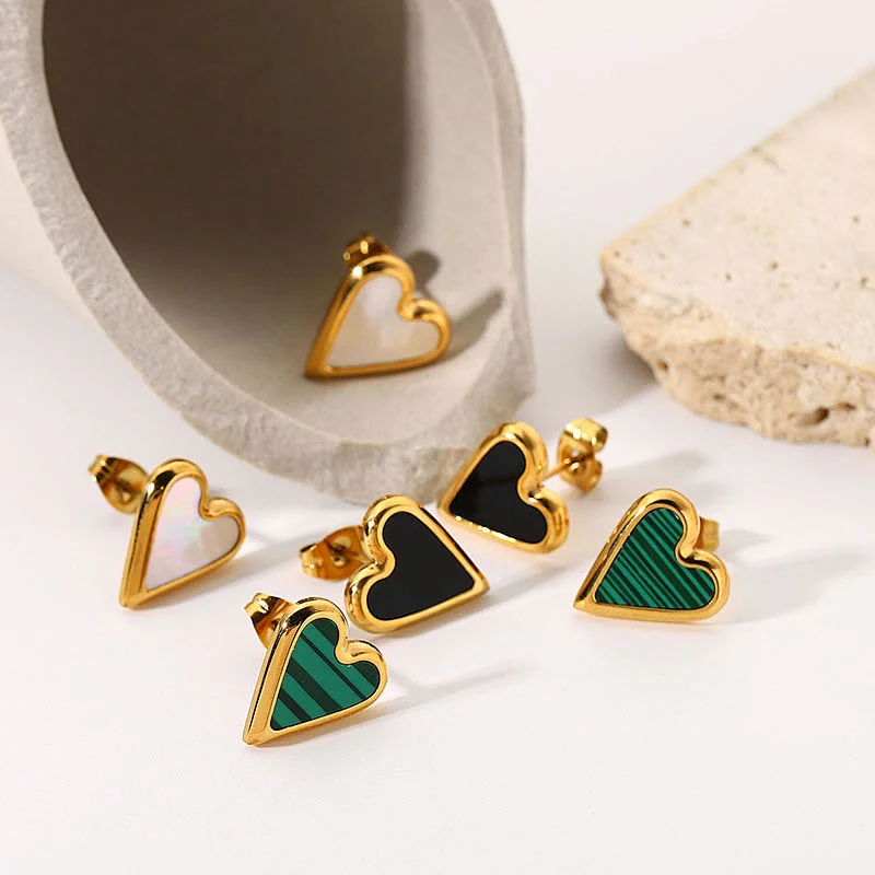 Natural Stone Stud Earrings Fashion Stainless Steel Heart Earrings