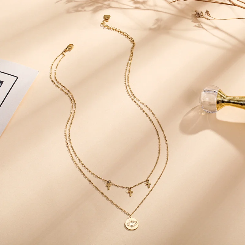 Eyes And Cross Layered Gold Color Stainless Steel Necklace