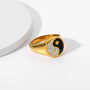 18K Gold Plated Diamond Black and White Ring Jewelry Women