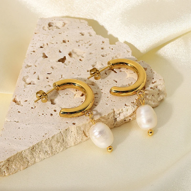 Stainless Steel C Shape Pearl Pendant 18K Gold Earrings Women