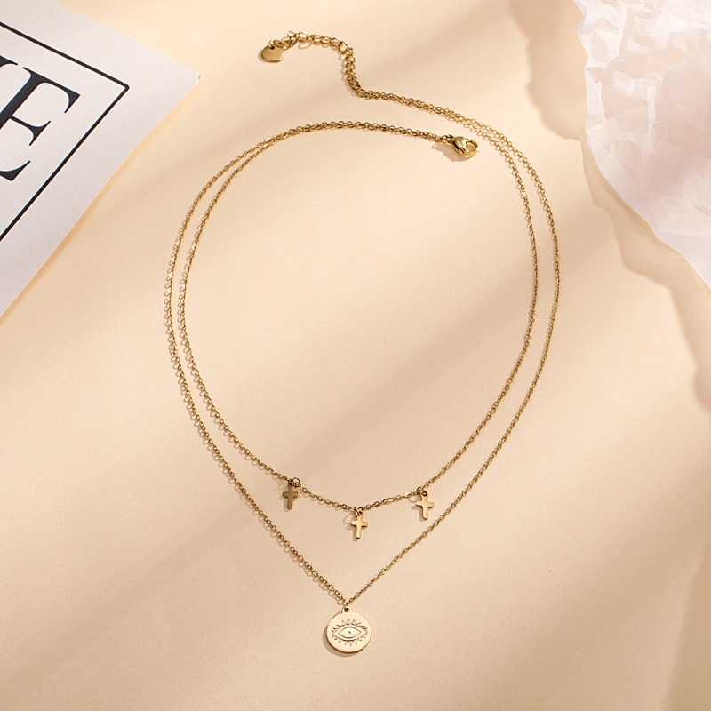 Eyes And Cross Layered Gold Color Stainless Steel Necklace