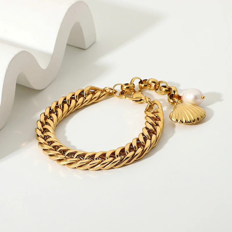 Gold Plated Steel Charm Bracelet Freshwater Pearl Bracelet