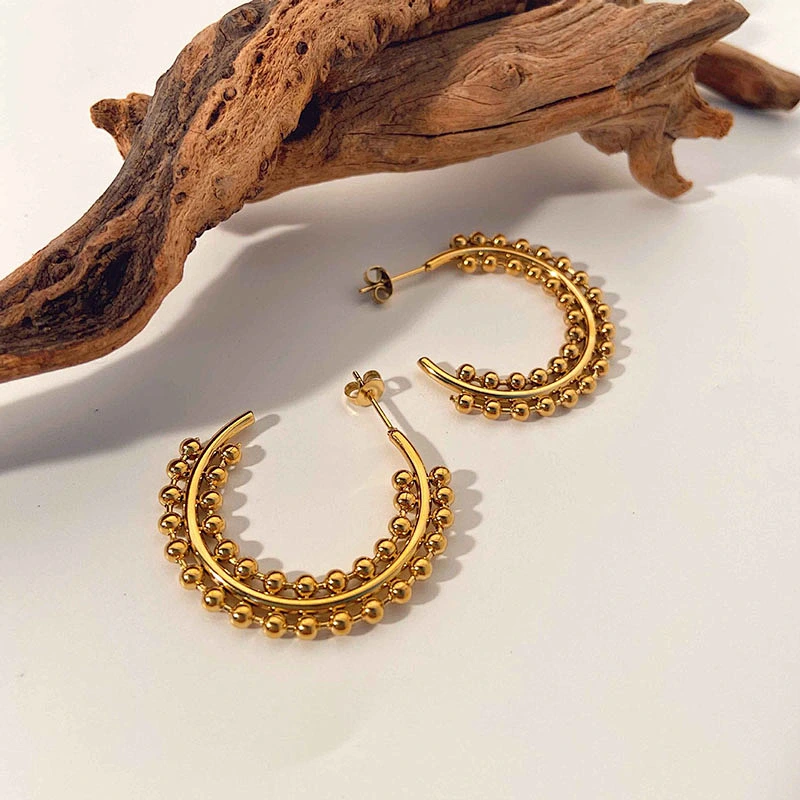 Fashion 18K Gold Steel Ball C Shape Stud Earrings