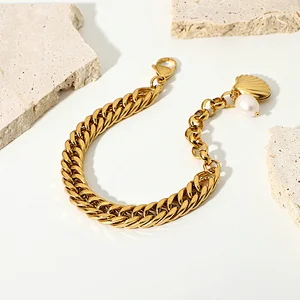 Gold Plated Steel Charm Bracelet Freshwater Pearl Bracelet