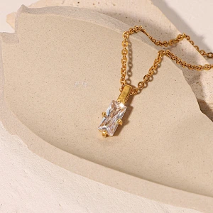 Stainless Steel Rectangular White Zircon Pendant Necklace