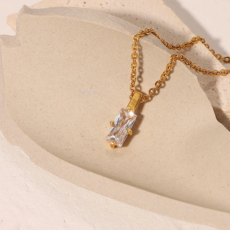 Stainless Steel Rectangular White Zircon Pendant Necklace