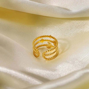 Three-Tier Star And Moon 18K Gold Plated Steel Ring