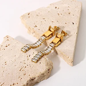 18K Gold Plated Steel Zirconia Chain Post Earrings