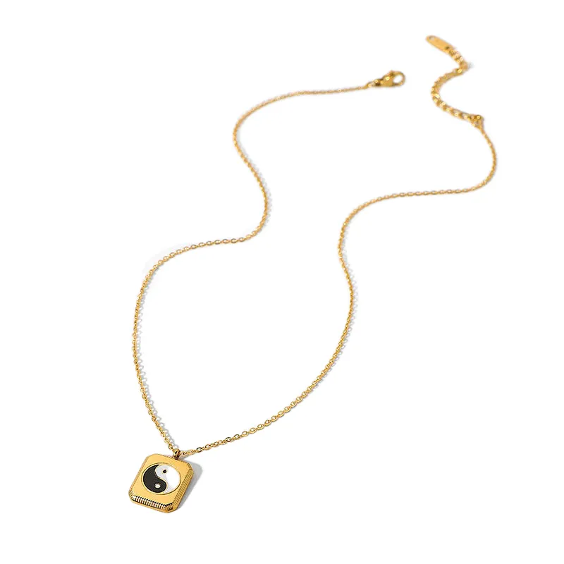 Enamel Chinese Tai Chi Square Pendant Steel Necklace
