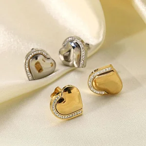 Simple Titanium Steel Stud Earrings Heart Zircon Earring