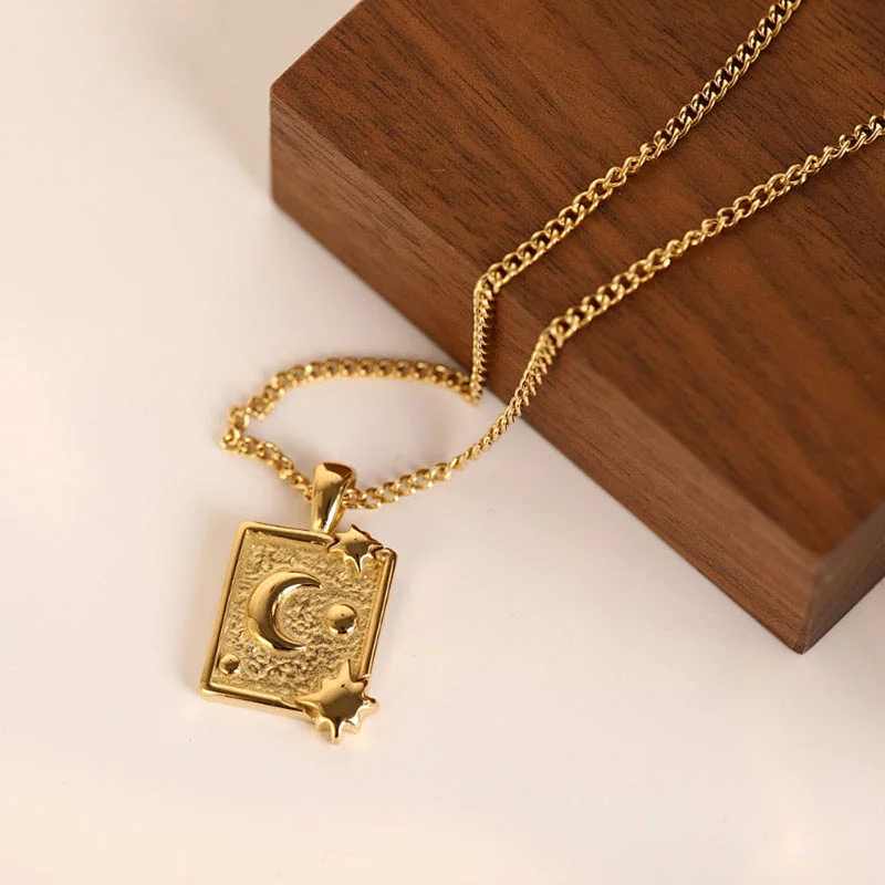 3D Moon Star Rectangle Stainless Steel Pendant Necklace