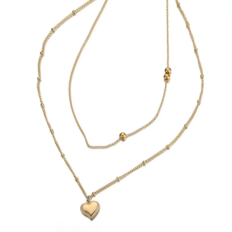 Stainless Steel Double Chain With Heart Pendant Necklace