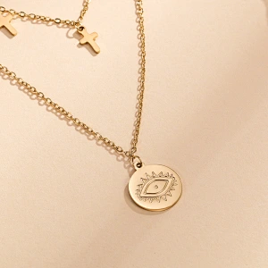 Eyes And Cross Layered Gold Color Stainless Steel Necklace