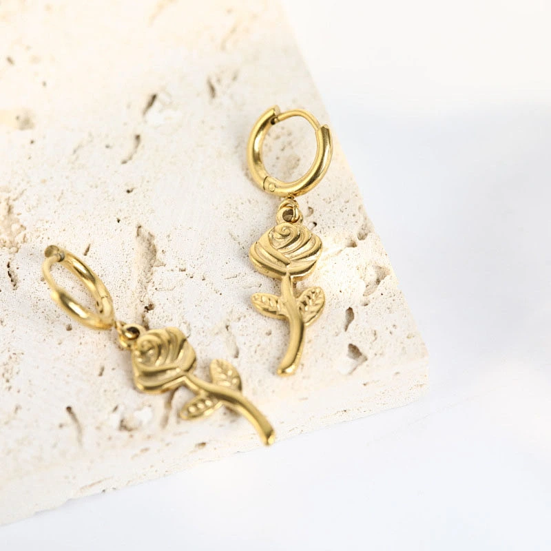 Fashion Gold Rose Flower Drop Earrings Small Hoop Earrings