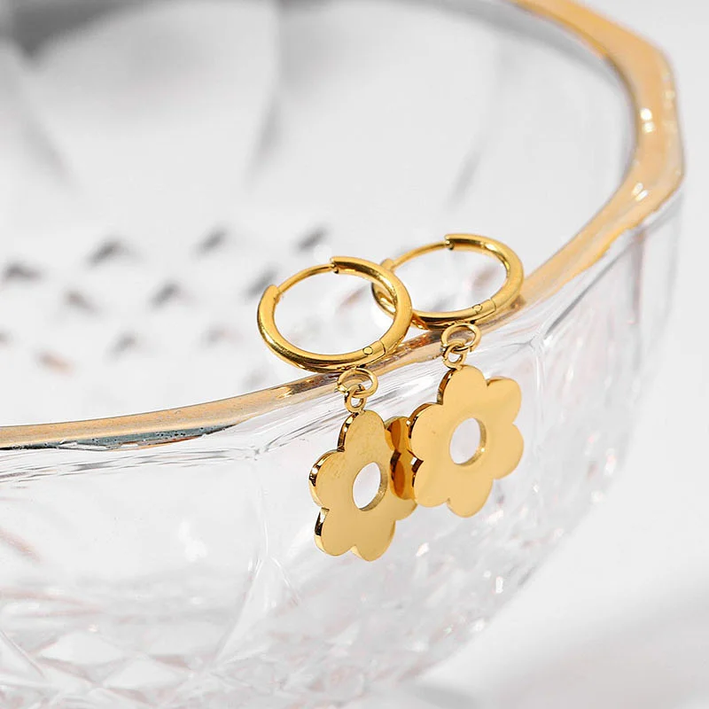 Vintage 18K Gold Plated Stainless Steel Flower Drop Earrings