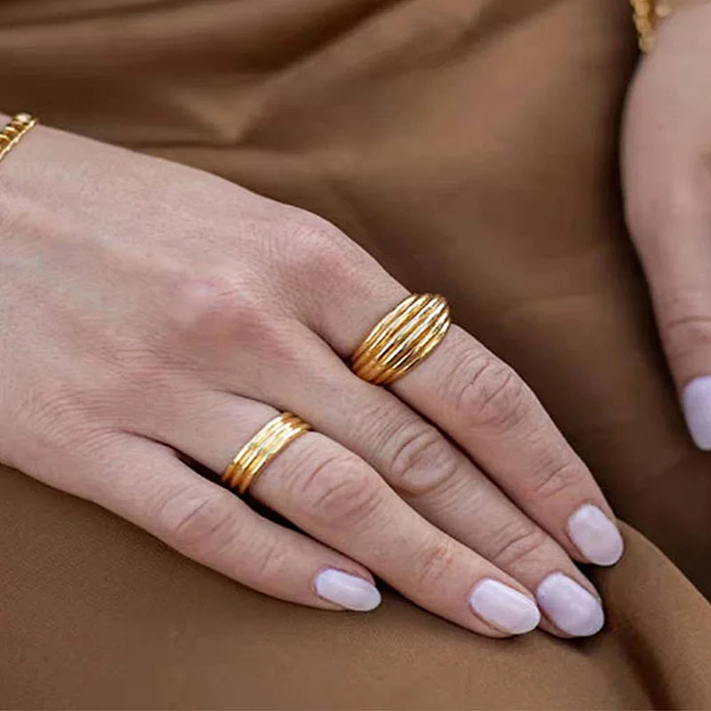 18K Gold Plated Ring Stainless Steel Threaded Textured Ring