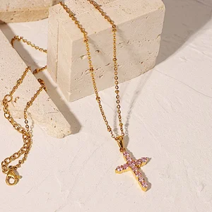 Popular Steel Pink Zircon Cross Pendant Necklace Women