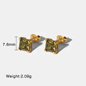 Simple 18K Green Square Zircon Stud Earrings for Women