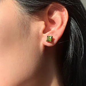 Simple 18K Green Square Zircon Stud Earrings for Women